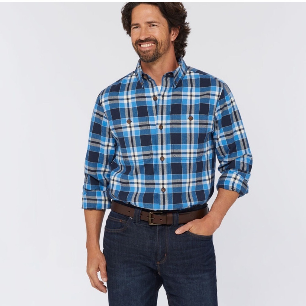 DULUTH Men's Free Swingin' Flannel Slim
Fit Shirt Item 64507 Sz L Blue Plaid - Picture 10 of 13